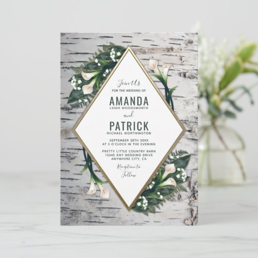 Birch Tree Rustic Calla Lily Wedding Einladungen (Stehend Vorderseite)