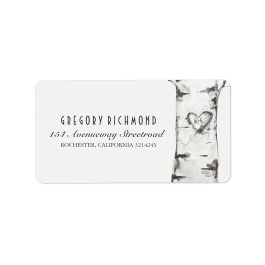 Birch Tree Rustic Carved Heart Wedding Adressaufkleber (Vorne)