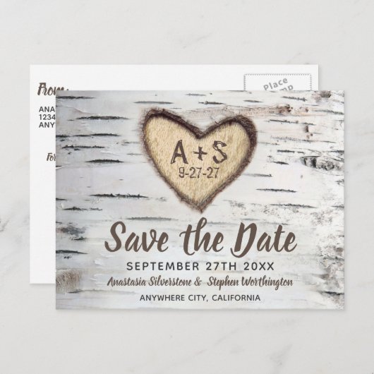 Birch Tree Rustic Country Wedding Save the Date Ankündigungspostkarte (Vorne/Hinten)
