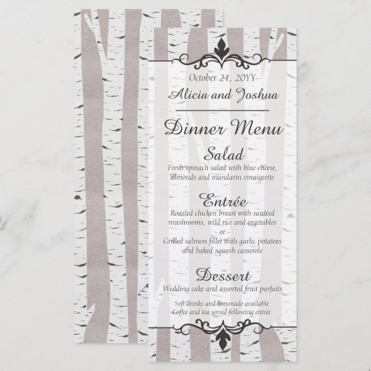 Birch Tree Rustic Nature Wedding Dinner Menü Menükarte (Vorne/Hinten)