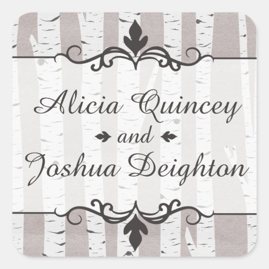 Birch Tree Rustic Nature Wedding Personalisiert Quadratischer Aufkleber (Vorderseite)