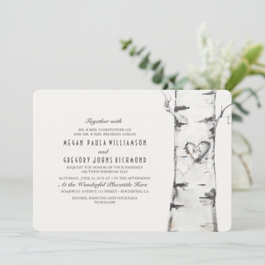 Birch Tree Rustic Wedding Einladung (Stehend Vorderseite)