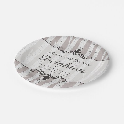 Birch Tree Rustic Wood Nature Wedding Personalisie Pappteller (Schrägansicht)