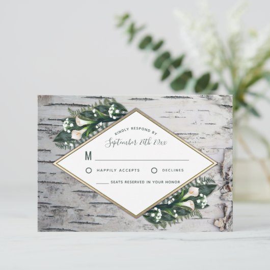 Birch Tree Rustic Woodland Wedding RSVP Karten (Stehend Vorderseite)