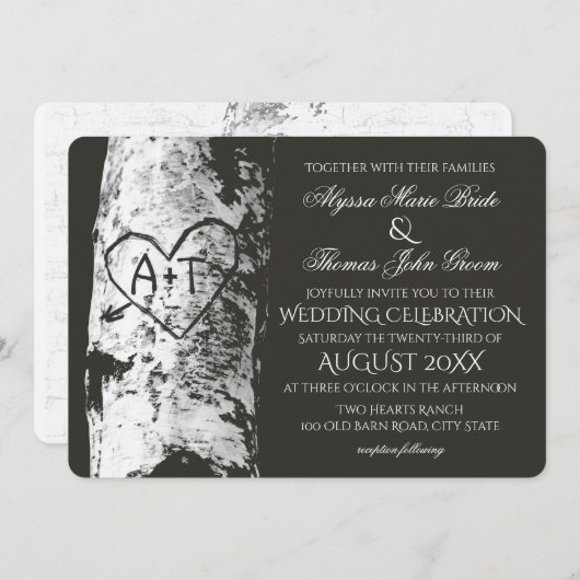 Birch Tree Wedding mit Carved Heart Inititials Einladung (Vorne/Hinten)