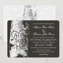 Birch Tree Wedding mit Carved Heart Inititials Einladung