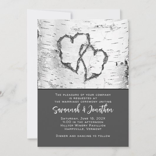 Birch Tree Wedding Two Hearts Einladung (Vorderseite)