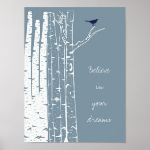 Birch Trees Bird Poster