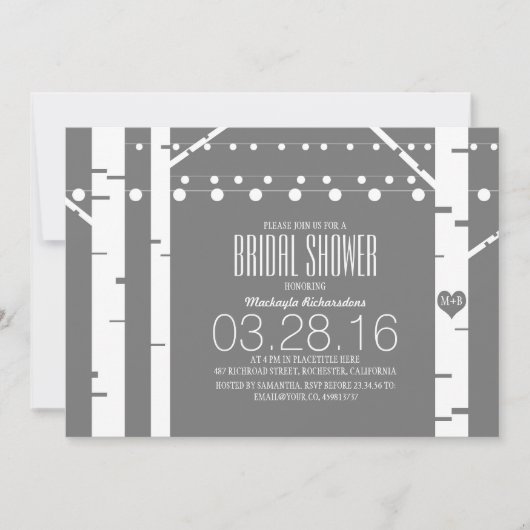 Birch Trees Heart & String Lights Brautparty Einladung (Vorderseite)