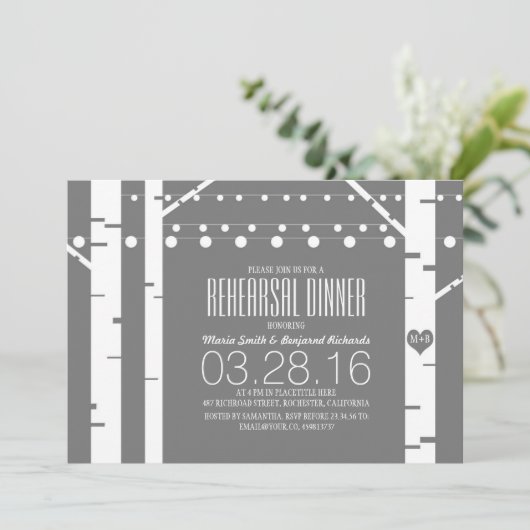 Birch Trees Heart & String Lights Probe Dinner Einladung (Stehend Vorderseite)