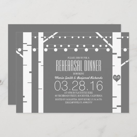 Birch Trees Heart & String Lights Probe Dinner Einladung (Vorne/Hinten)