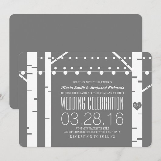 Birch Trees Heart & String Lights Wedites Einladung (Vorne/Hinten)