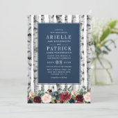 Birch Trees Navy Blue Burgundy Hochzeitseinladunge Einladung (Stehend Vorderseite)