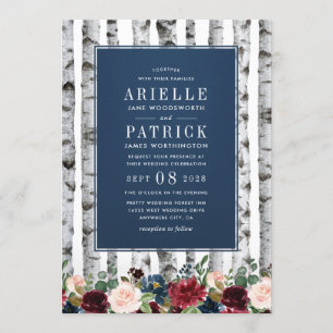 Birch Trees Navy Blue Burgundy Hochzeitseinladunge Einladung