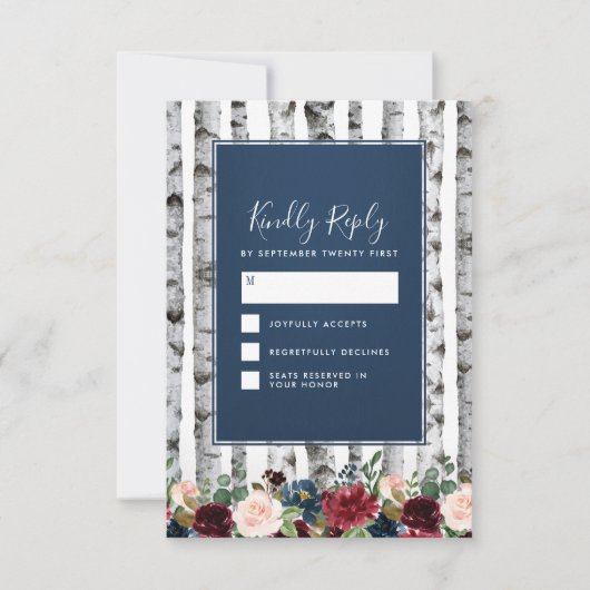 Birch Trees Navy Blue Burgundy Wedding RSVP Cards (Vorderseite)