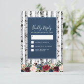 Birch Trees Navy Blue Burgundy Wedding RSVP Cards (Stehend Vorderseite)