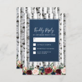 Birch Trees Navy Blue Burgundy Wedding RSVP Cards (Vorne/Hinten)