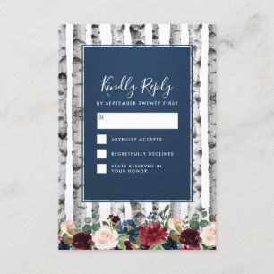 Birch Trees Navy Blue Burgundy Wedding RSVP Cards Karte