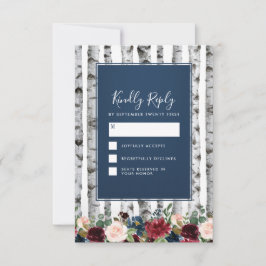 Birch Trees Navy Blue Burgundy Wedding RSVP Cards Karte