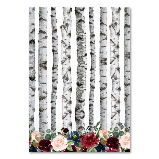 Birch Trees Navy Burgundy Wedding Insert Cards Tischnummer (Rückseite)
