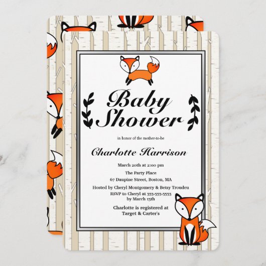 Birch Trees & Woodland Fox Babydusche Einladung (Vorne/Hinten)
