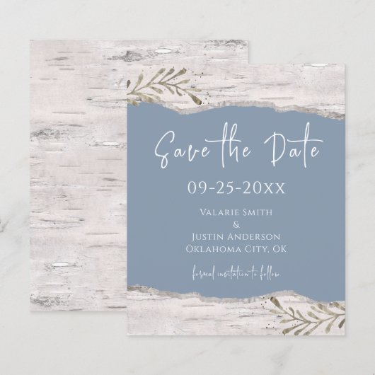 Birch Wood Dust Blue Wedding Save the Date (Vorne/Hinten)