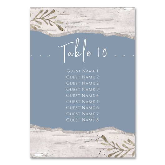Birch Wood Dust Blue Wedding Tischnummer List (Vorderseite)