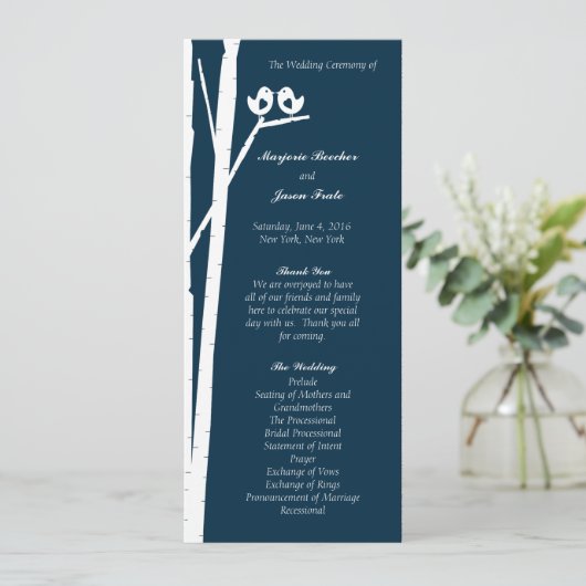 Birchtree Birds Wedding Program Blue Programm (Stehend Vorderseite)