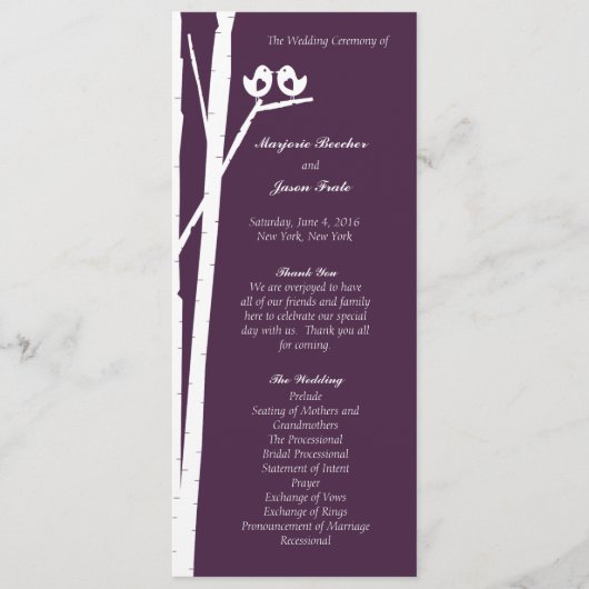 Birchtree Birds Wedding Program Lila Programm (Vorderseite)