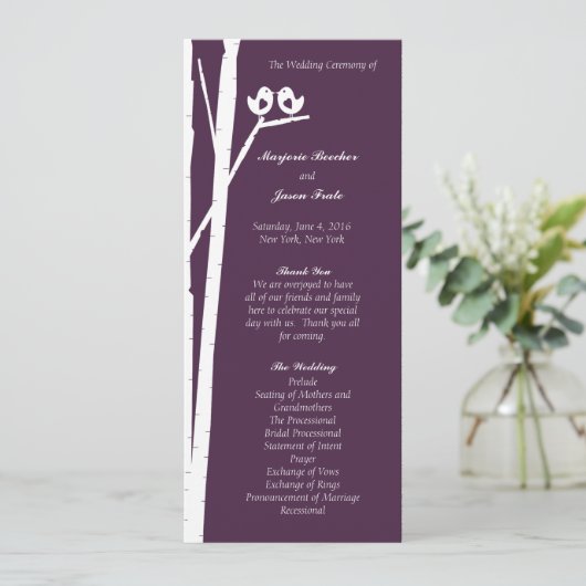 Birchtree Birds Wedding Program Lila Programm (Stehend Vorderseite)