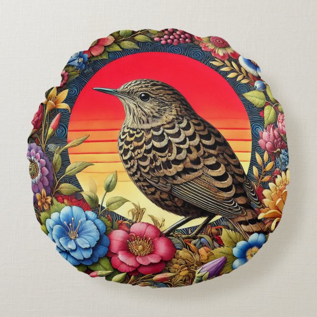 Bird Amid farbige Blume Rundes Kissen (Vorderseite)