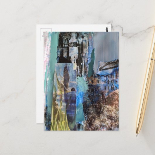 Bird and City Buildings mixed media collage Postkarte (Vorderseite/Rückseite Beispiel)