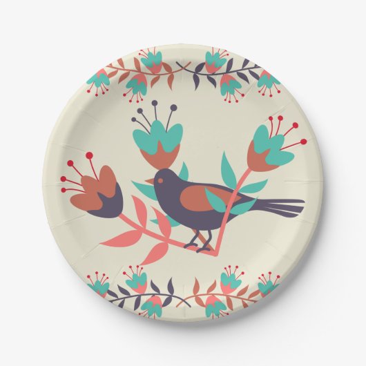 Bird and Floral Folk Art Pappteller (Vorderseite)