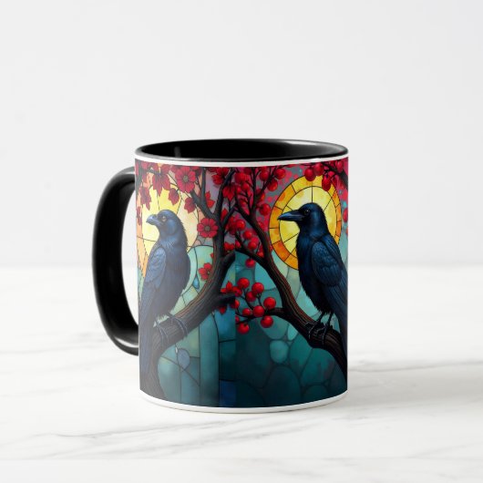 Bird Art gesteinigtes Glas Ravens Crows Tasse (Vorderseite Links)