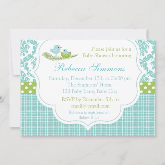 Bird Baby Dusche Einladung Boy Damask Blue Green (Vorderseite)