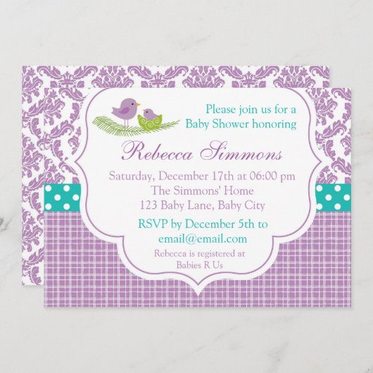 Bird Baby Shower Einladung Neutral Damask Lila (Vorne/Hinten)