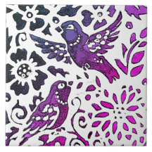 Bird Batik Modernes Lila Blaues Blumenwald