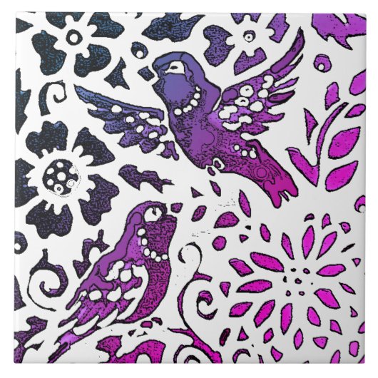 Bird Batik Modernes Lila Blaues Blumenwald Fliese (Vorderseite)