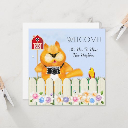 Bird begrüßt Katze auf der neuen Zuhause in der Na Karte (Vorderseite/Rückseite Beispiel)