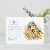Bird Birdhouse Blue Yellow Flowers 100. Geburtstag Einladung (Stehend Vorderseite)