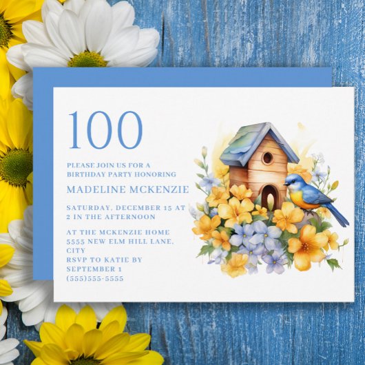 Bird Birdhouse Blue Yellow Flowers 100. Geburtstag Einladung