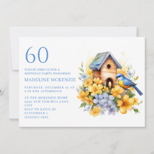 Bird Birdhouse Blue Yellow Flowers 60. Geburtstag Einladung