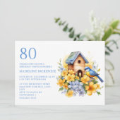 Bird Birdhouse Blue Yellow Flowers 80. Geburtstag Einladung (Stehend Vorderseite)