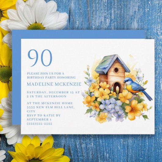 Bird Birdhouse Blue Yellow Flowers 90. Geburtstag Einladung