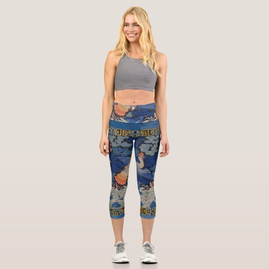 Bird Blue Chinesisch Stickerei Vintag Capri Leggings (Vorderseite)