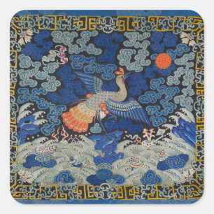 Bird Blue Chinesisch Stickerei Vintag Quadratischer Aufkleber