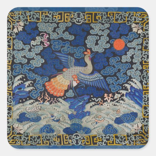 Bird Blue Chinesisch Stickerei Vintag Quadratischer Aufkleber (Vorderseite)