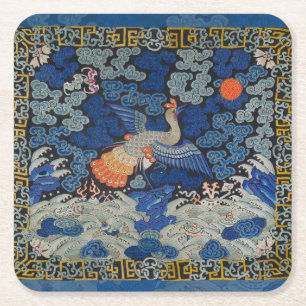 Bird Blue Chinesisch Stickerei Vintag Rechteckiger Pappuntersetzer