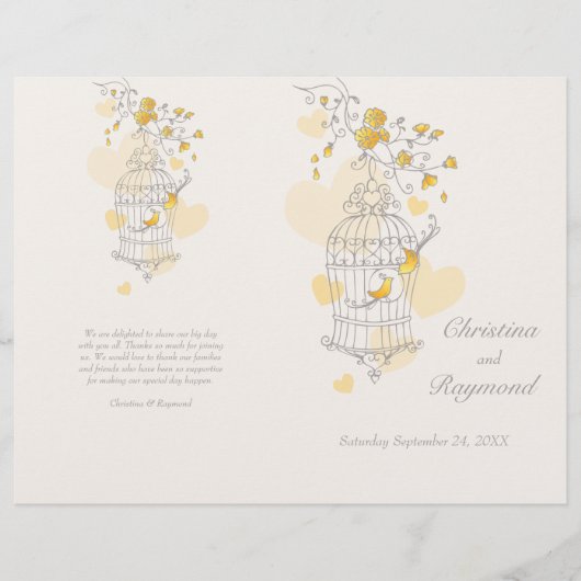 Bird cage gelb grau großes Hochzeitsprogramm (Vorderseite)