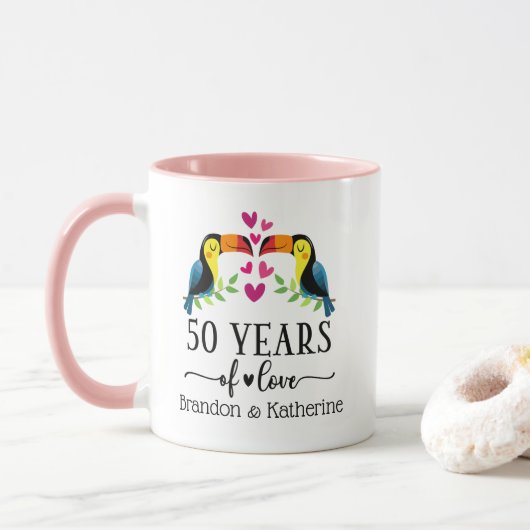 Bird Couple Matching Tasse zum 50. Jubiläum (Mit Donut)